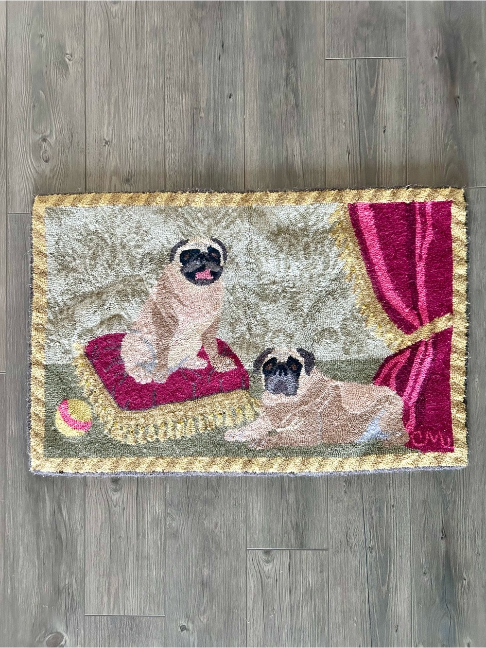Claire Murray Pugs Wool Hook Rug Vintage Dog 1996